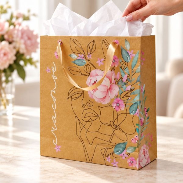 Bolsa de regalo kraft con rostro y flores, en uso