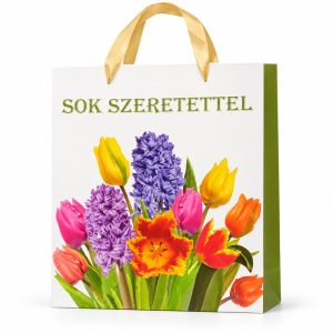 Bolsa de regalo con tulipanes multicolor - vista frontal Bolsa de regalo con tulipanes multicolor, vista frontal