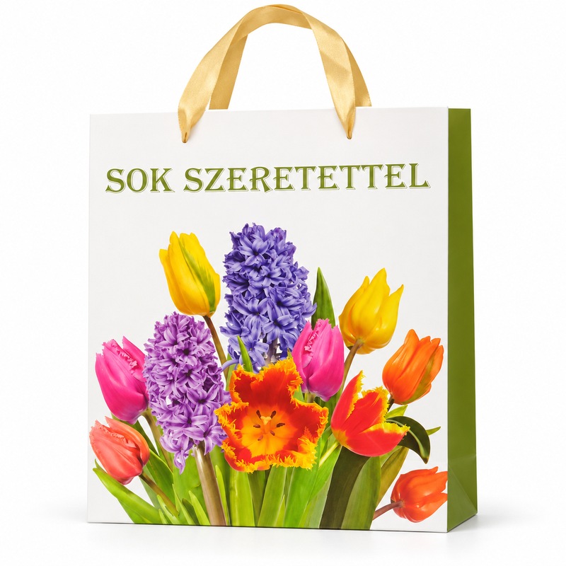 Bolsa de regalo con tulipanes multicolor, vista frontal