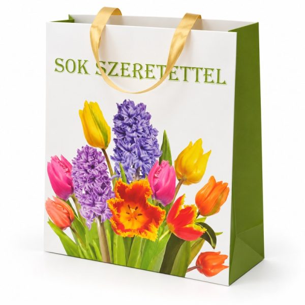 Bolsa de regalo con tulipanes multicolor, vista lateral