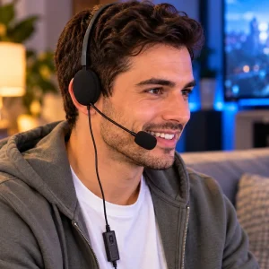 Chico con monoauricular Konix Mythics PS-100 con cable y micrófono para PS4 y PS5