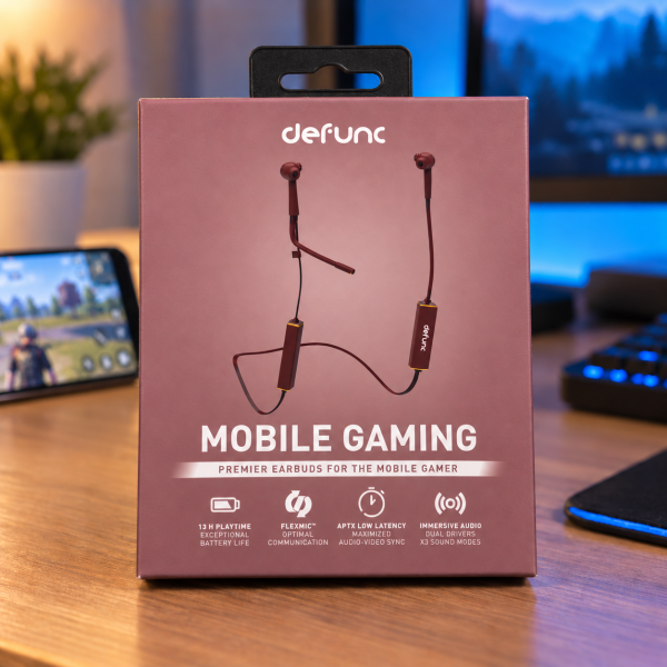 Caja de auriculares Defunc Mobile Gaming sobre un escritorio