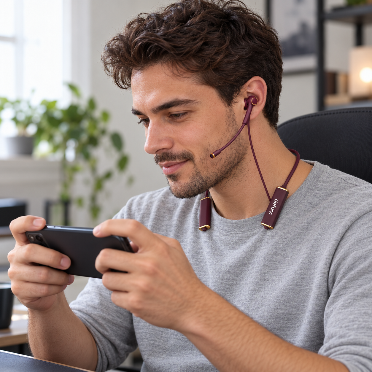 Auriculares Defunc Mobile Gaming en uso jugando en el móvil Chico usando auriculares Bluetooth Defunc Mobile Gaming con micrófono para jugar en el móvil