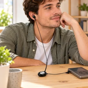 Auriculares retráctiles negros con conexión jack de 3,5 mm en uso