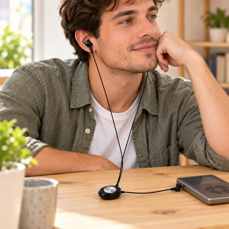 Auriculares retráctiles negros con conexión jack de 3,5 mm en uso