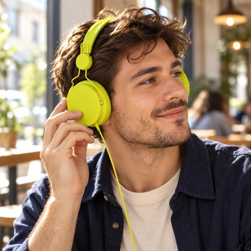 Auriculares verdes con cable en uso Chico usando auriculares de diadema verde lima con cable
