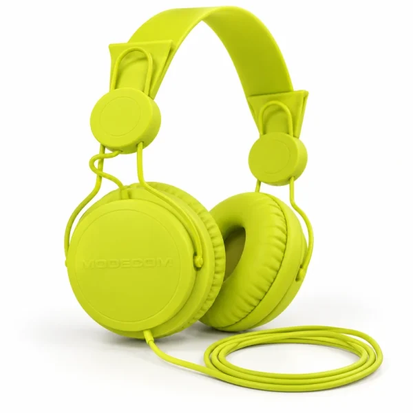Auriculares verdes con cable sin caja Auriculares de diadema verde lima con almohadillas y cable sobre fondo blanco
