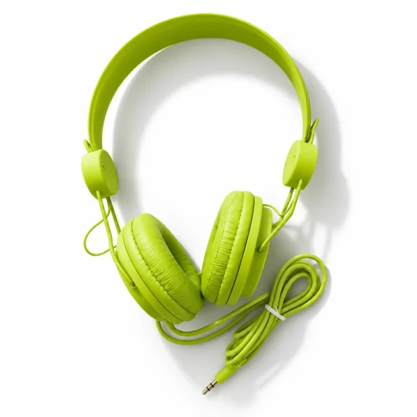 Auriculares verdes con cable vista de las almohadillas Auriculares de diadema verde lima con cable y almohadillas sobre fondo blanco