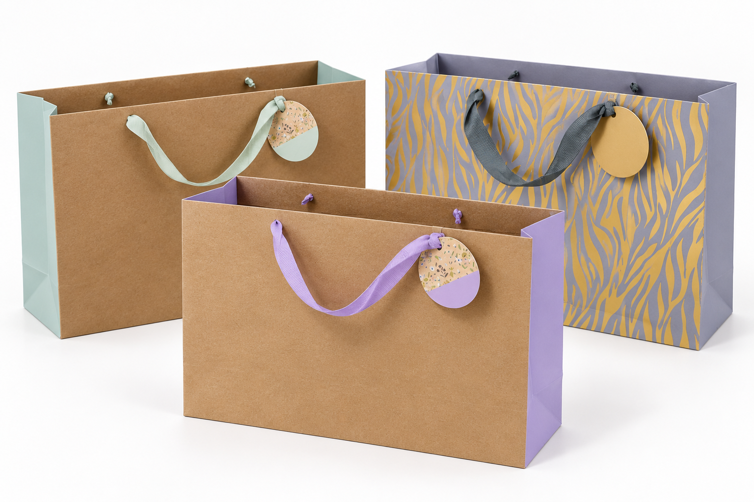 Bolsa de regalo con asas de cinta: morada, verde y rayas doradas