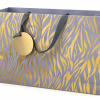 Bolsa de regalo gris lila con rayas doradas y asas grises