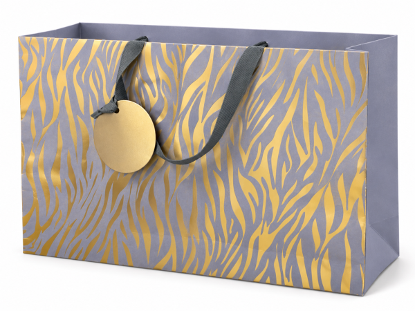 Bolsa de regalo gris lila con rayas doradas y asas grises