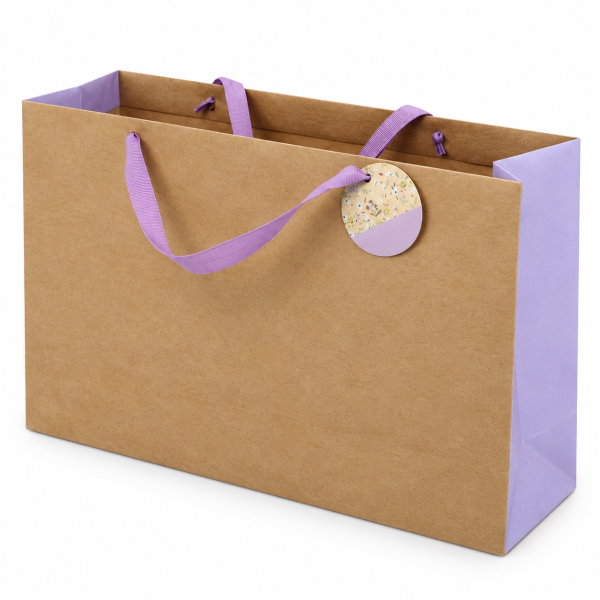 Bolsa de regalo kraft con asas moradas y lateral lila