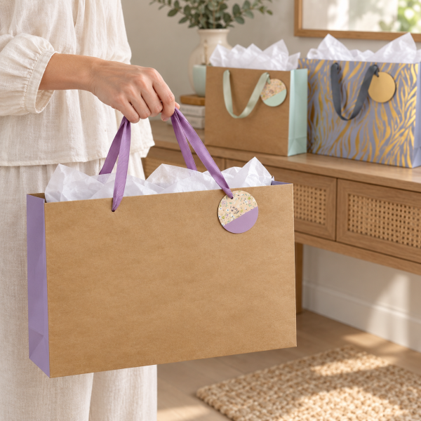 Bolsa de regalo kraft morada en uso con papel de seda decorativo