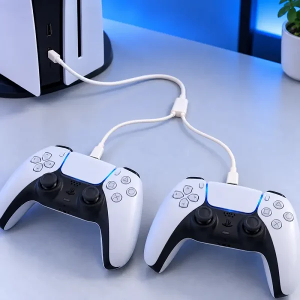 Cable Steelplay Dual Play & Charge para PS5 en uso Cable blanco Steelplay Dual Play & Charge USB-C conectado a dos mandos de PS5