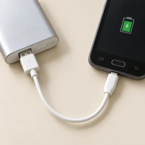 Cable micro USB de 0,5 m en uso Cable blanco USB a micro USB de 0,5 m conectado a un dispositivo