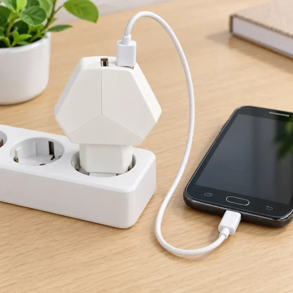 Cargador NEWTOP CM17 blanco de dos puertos USB con cable micro USB en uso