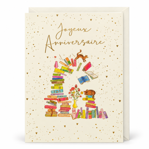 Frontal de tarjeta de cumpleaños con libros de colores, gatos y detalles dorados | Shumy Frontal de tarjeta de cumpleaños con libros de colores, gatos y detalles dorados