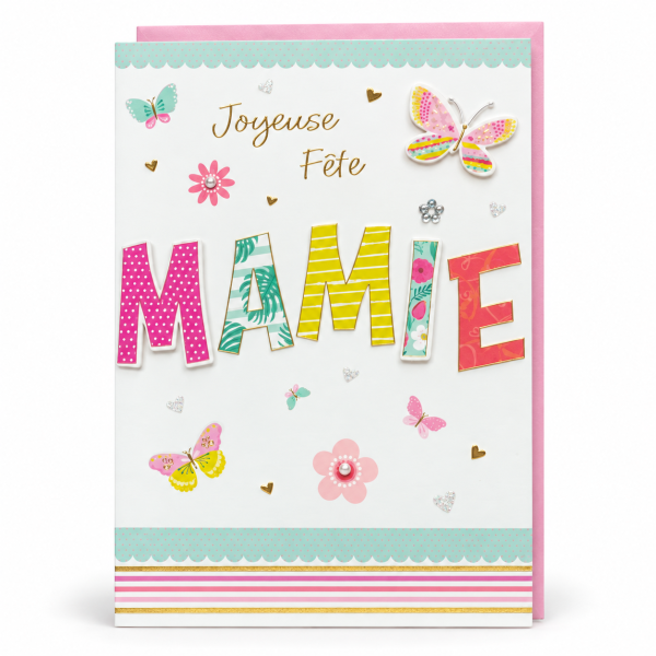 Frontal de tarjeta para abuela Mamie con letras en relieve, flores y mariposas | Shumy Frontal de tarjeta para abuela Mamie con letras en relieve, flores y mariposas