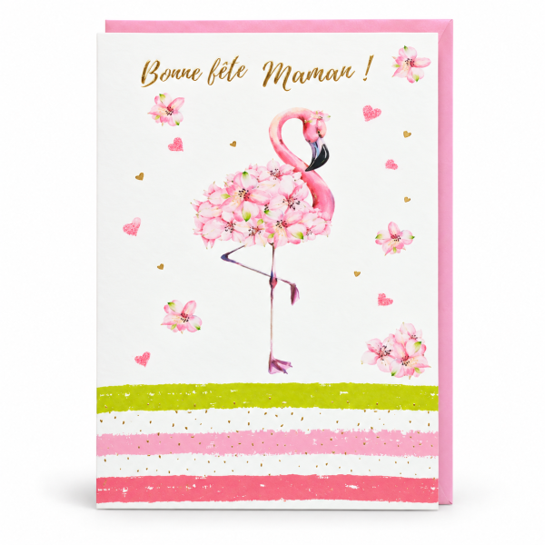Frontal de tarjeta para mamá con flamenco rosa, flores y sobre rosa | Shumy Frontal de tarjeta para mamá con flamenco rosa, flores y sobre rosa