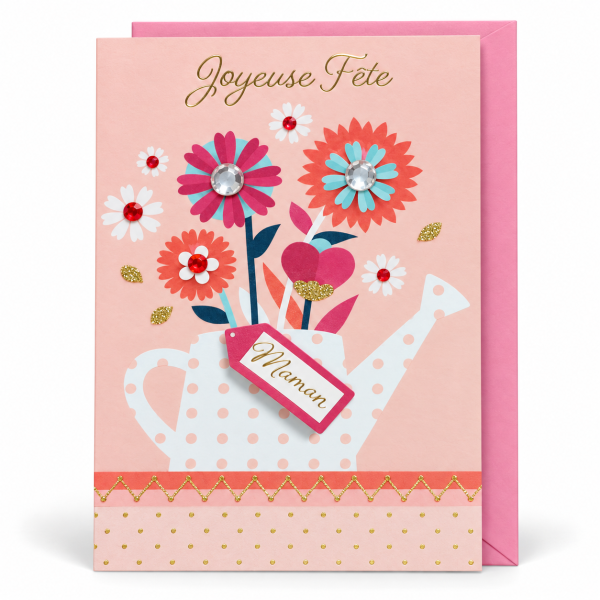 Frontal de tarjeta para mamá con regadera de lunares, flores y adornos brillantes | Shumy Frontal de tarjeta para mamá con regadera de lunares, flores y adornos brillantes