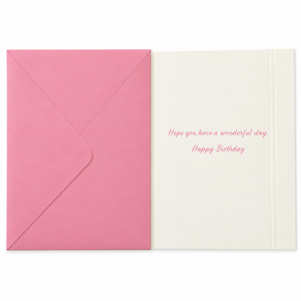 Interior de tarjeta de cumpleaños con mensaje en inglés y sobre rosa