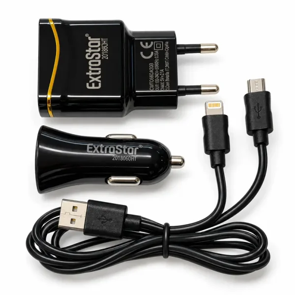 Cargadores ExtraStar negros de pared y coche con cable Lightning y micro USB