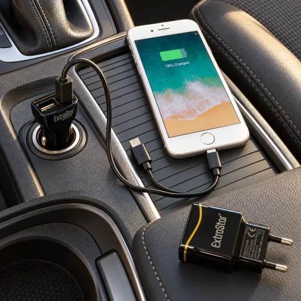 Kit cargador ExtraStar negro para casa y coche en uso