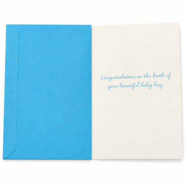 Interior de la tarjeta Special Boy con felicitación de nacimiento en inglés y sobre azul