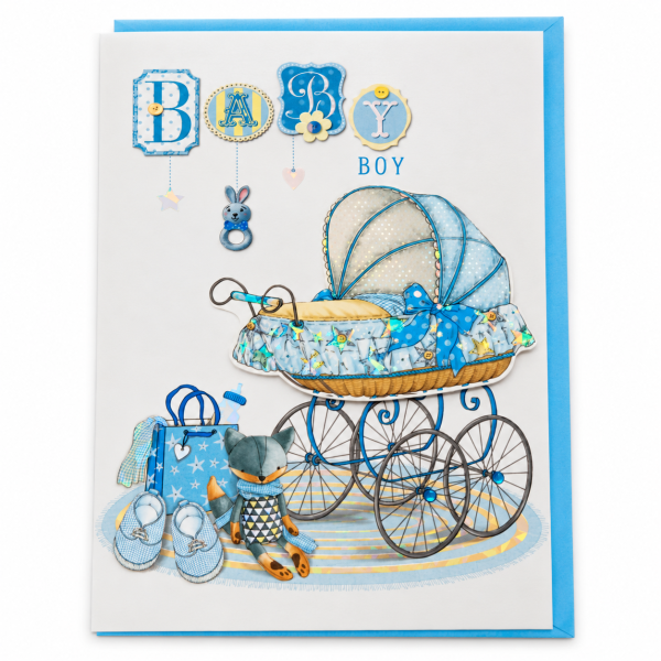 Tarjeta de nacimiento Baby Boy con cochecito clásico y sobre azul