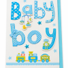 Tarjeta Baby Boy con letras azules en relieve, tren y sobre a juego