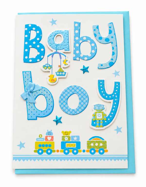 Tarjeta Baby Boy con letras azules en relieve, tren y sobre a juego