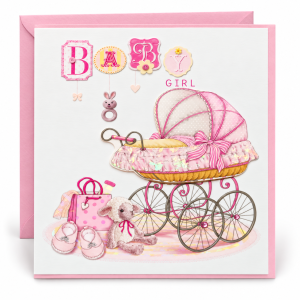 Tarjeta Baby Girl cochecito rosa Tarjeta Baby Girl con cochecito clásico rosa y sobre