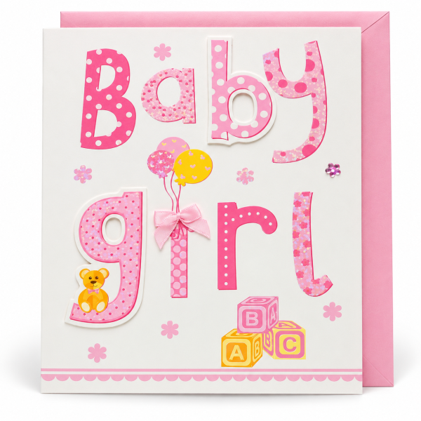 Tarjeta Baby Girl letras Tarjeta Baby Girl de letras rosas con lazo, globos y bloques