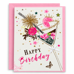 Tarjeta de cumpleaños Happy Birthday con copa floral, detalles dorados, lazo blanco y sobre rosa