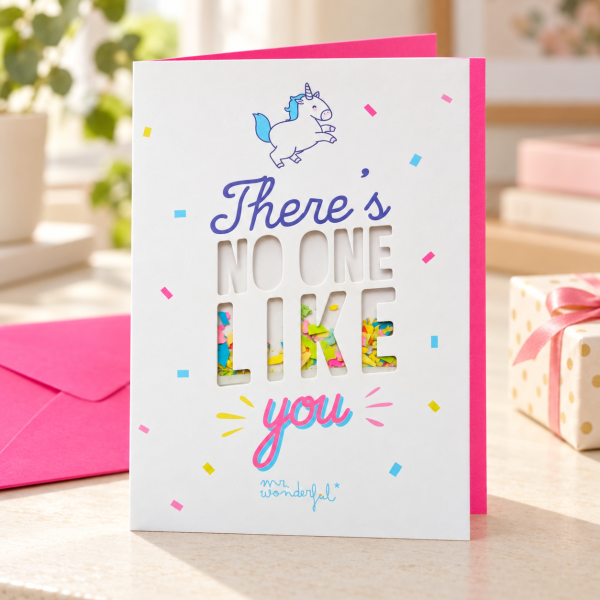 Tarjeta Mr. Wonderful con unicornio There’s no one like you en uso con sobre fucsia | Shumy Tarjeta Mr. Wonderful con unicornio There’s no one like you en uso con sobre fucsia