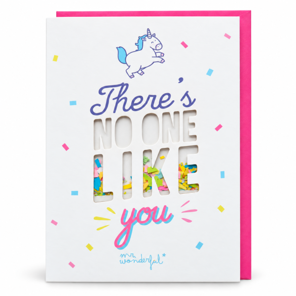 Tarjeta Mr. Wonderful con unicornio y letras troqueladas con confeti de colores | Shumy Tarjeta Mr. Wonderful con unicornio y letras troqueladas con confeti de colores