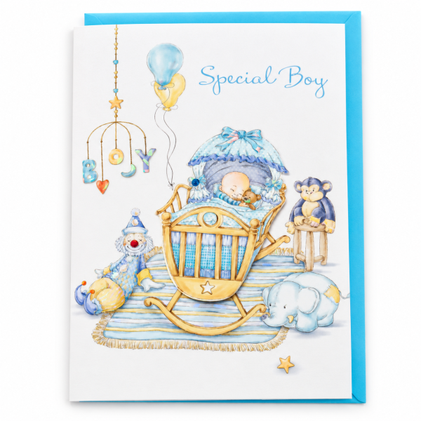 Tarjeta Special Boy de Juicy Lemon con bebé en cuna y sobre azul