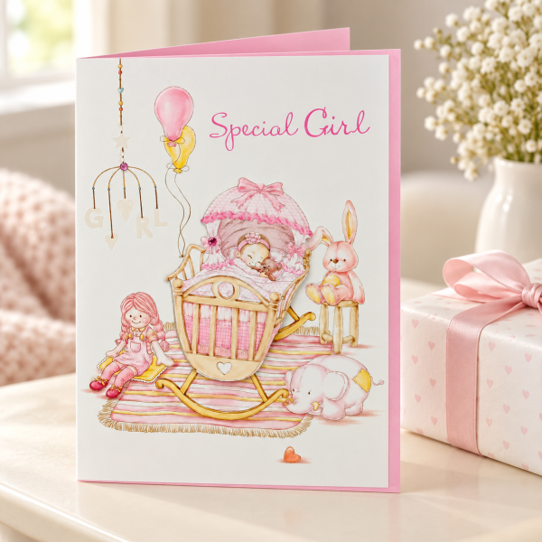 Tarjeta Special Girl junto a regalo Tarjeta Special Girl presentada junto a un regalo de nacimiento