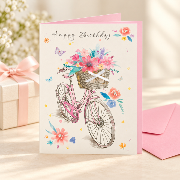 Tarjeta de cumpleaños Bicicleta con flores junto a un regalo Tarjeta de cumpleaños Bicicleta con flores junto a un regalo