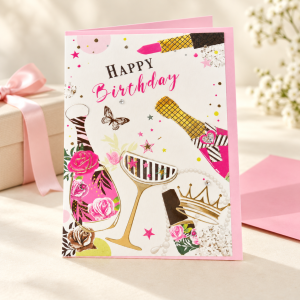 Tarjeta de cumpleaños Champán floral junto a un regalo