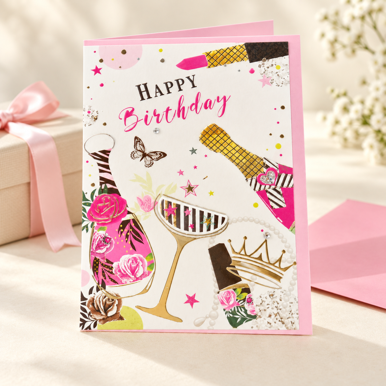 Tarjeta de cumpleaños Champán floral junto a un regalo