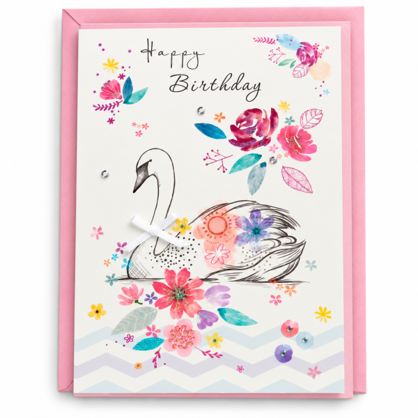Tarjeta de cumpleaños Cisne con flores con sobre rosa Tarjeta de cumpleaños Cisne con flores con sobre rosa