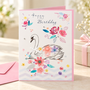 Tarjeta de cumpleaños Cisne con flores junto a un regalo