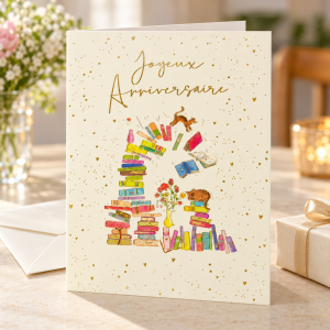 Tarjeta de cumpleaños Joyeux Anniversaire con libros y gatos en una mesa junto a un regalo