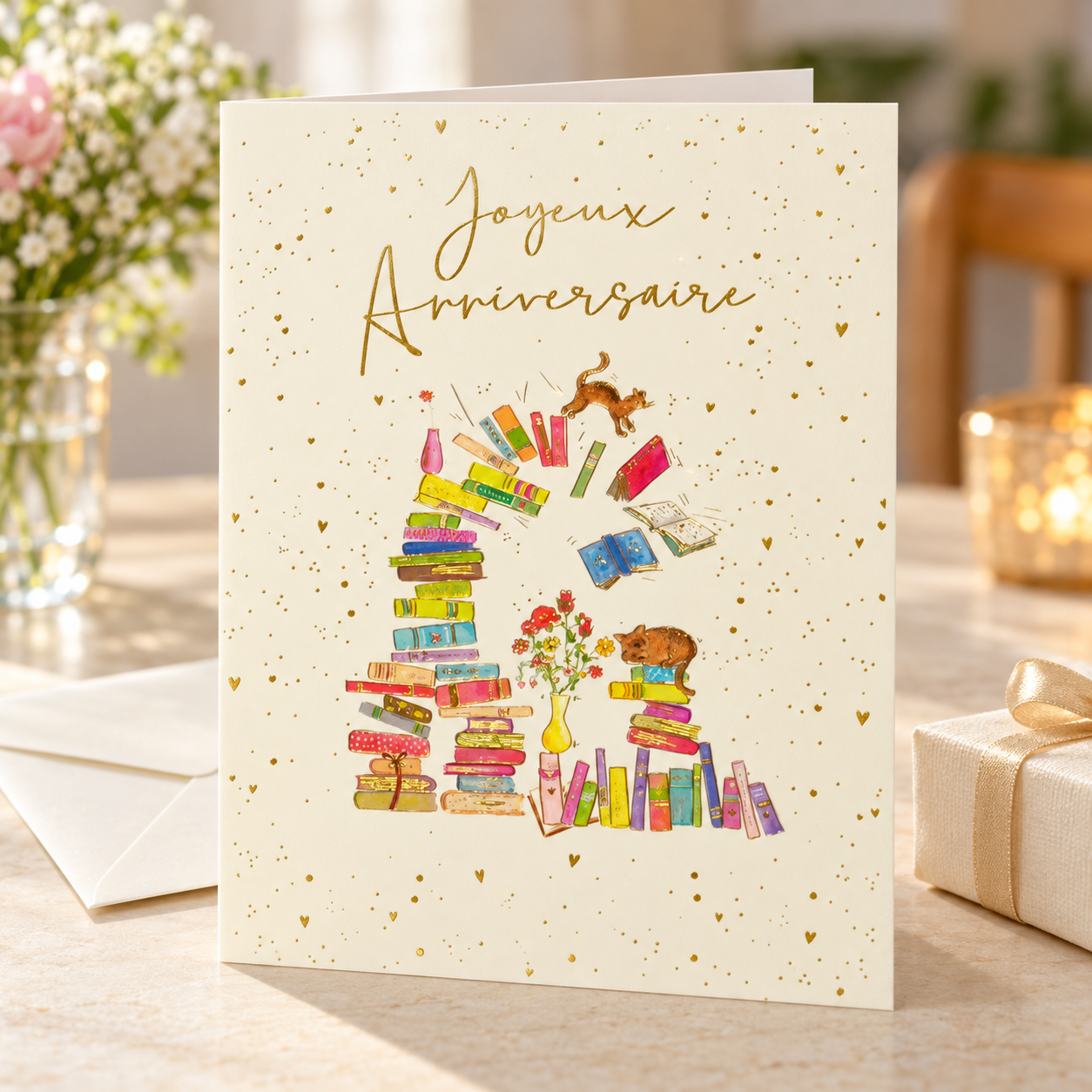 Tarjeta de cumpleaños Joyeux Anniversaire con libros y gatos en una mesa junto a un regalo | Shumy Tarjeta de cumpleaños Joyeux Anniversaire con libros y gatos en una mesa junto a un regalo