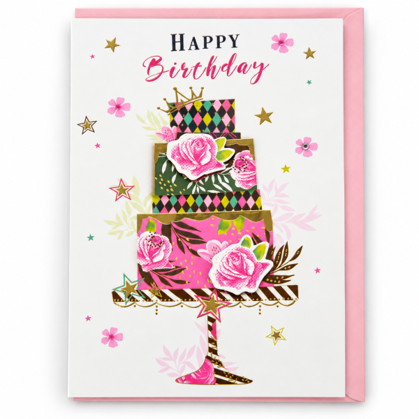 Tarjeta de cumpleaños Tarta floral con sobre rosa