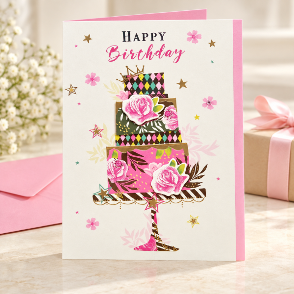 Tarjeta de cumpleaños Tarta floral junto a un regalo