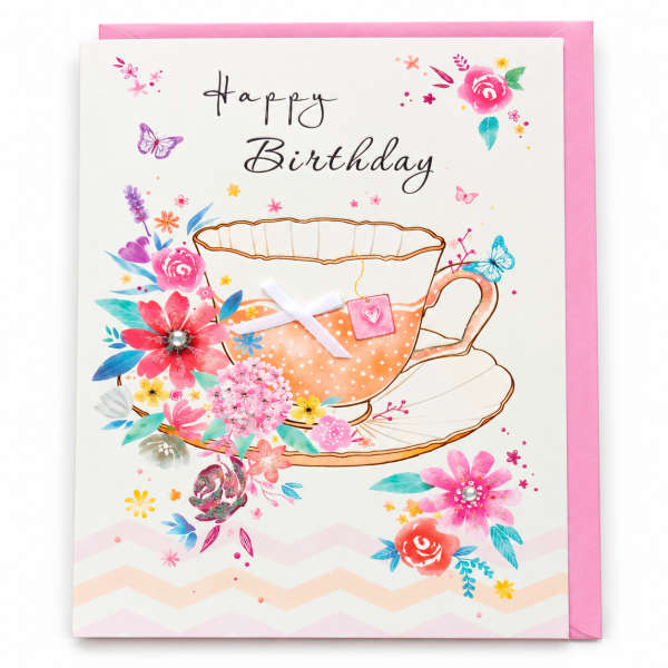 Tarjeta de cumpleaños Taza con flores con sobre rosa