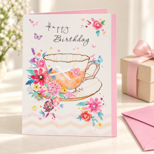 Tarjeta de cumpleaños Taza con flores junto a un regalo
