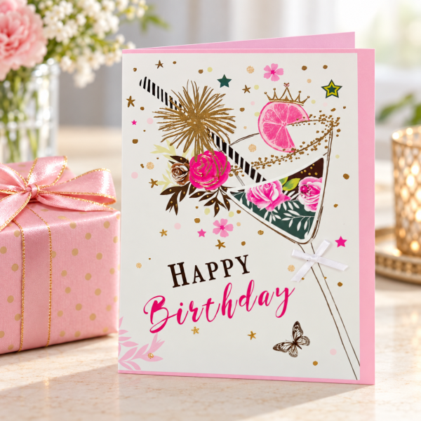 Tarjeta Happy Birthday de copa floral presentada junto a un regalo